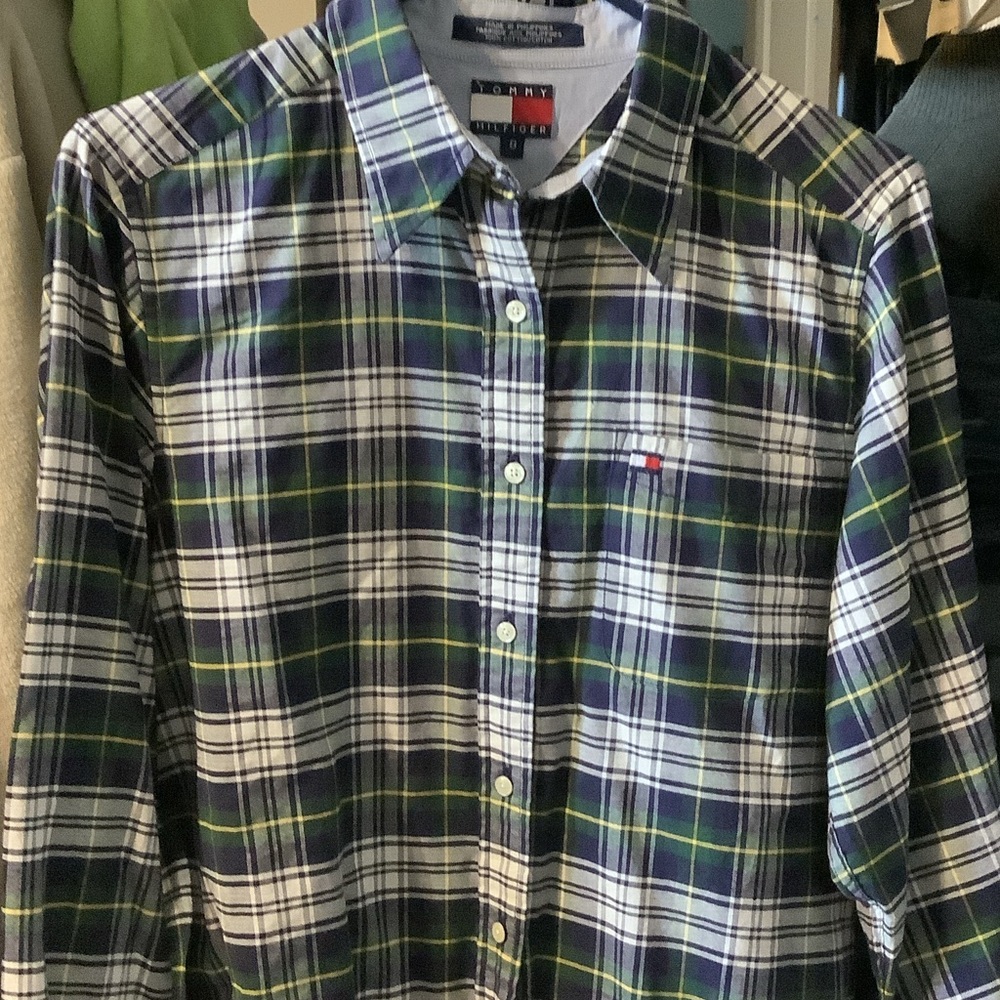 Tommy Hilfiger Blue and Green‎ Plaid Women's buttonup